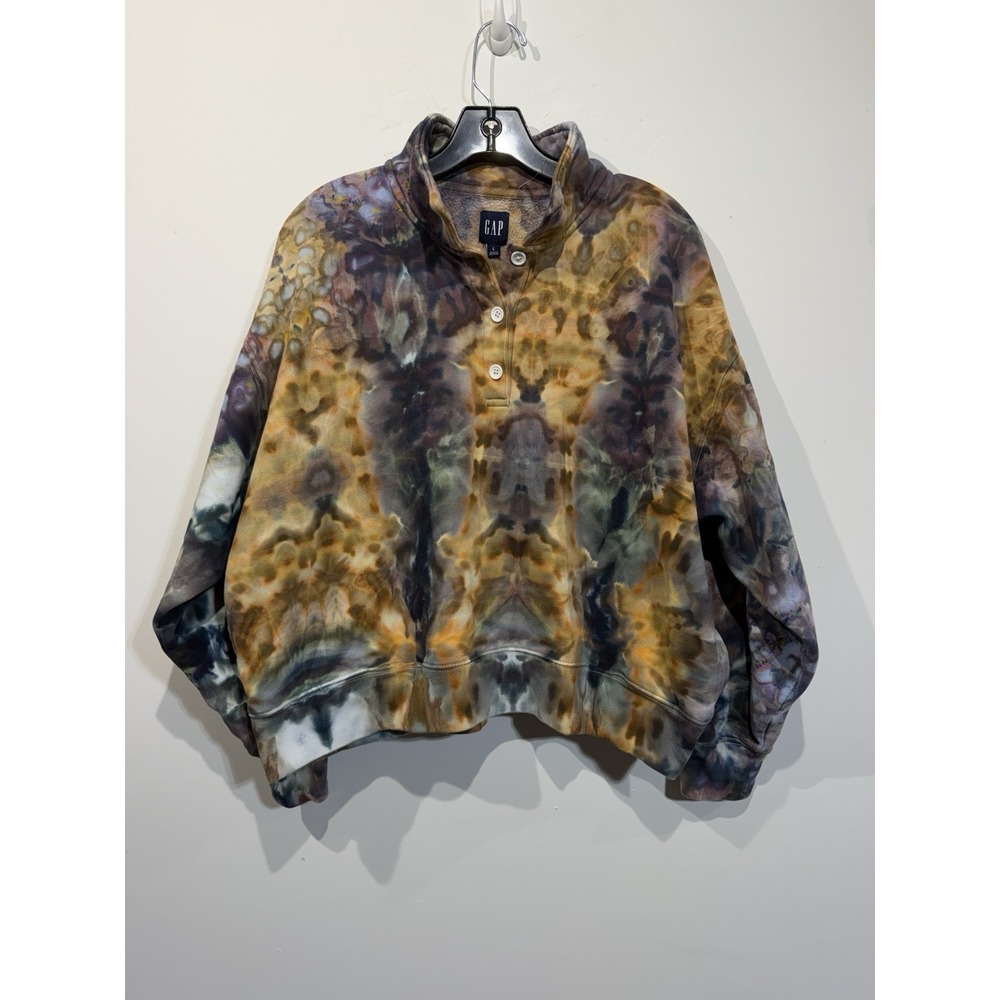 Women's L GAP Tie Dye Mock Neck Sweatshirt 1/4 Snap Earth Tones